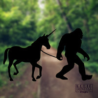 Bigfoot walking his unicorn 6" DECAL