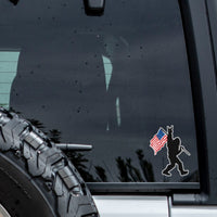 Bigfoot with Red, White, and Blue American Flag Waterproof/Uv Resistant Sticker