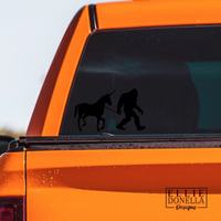 Bigfoot walking his unicorn 6" DECAL