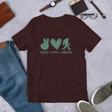 Peace Love Bigfoot T-shirt -unisex